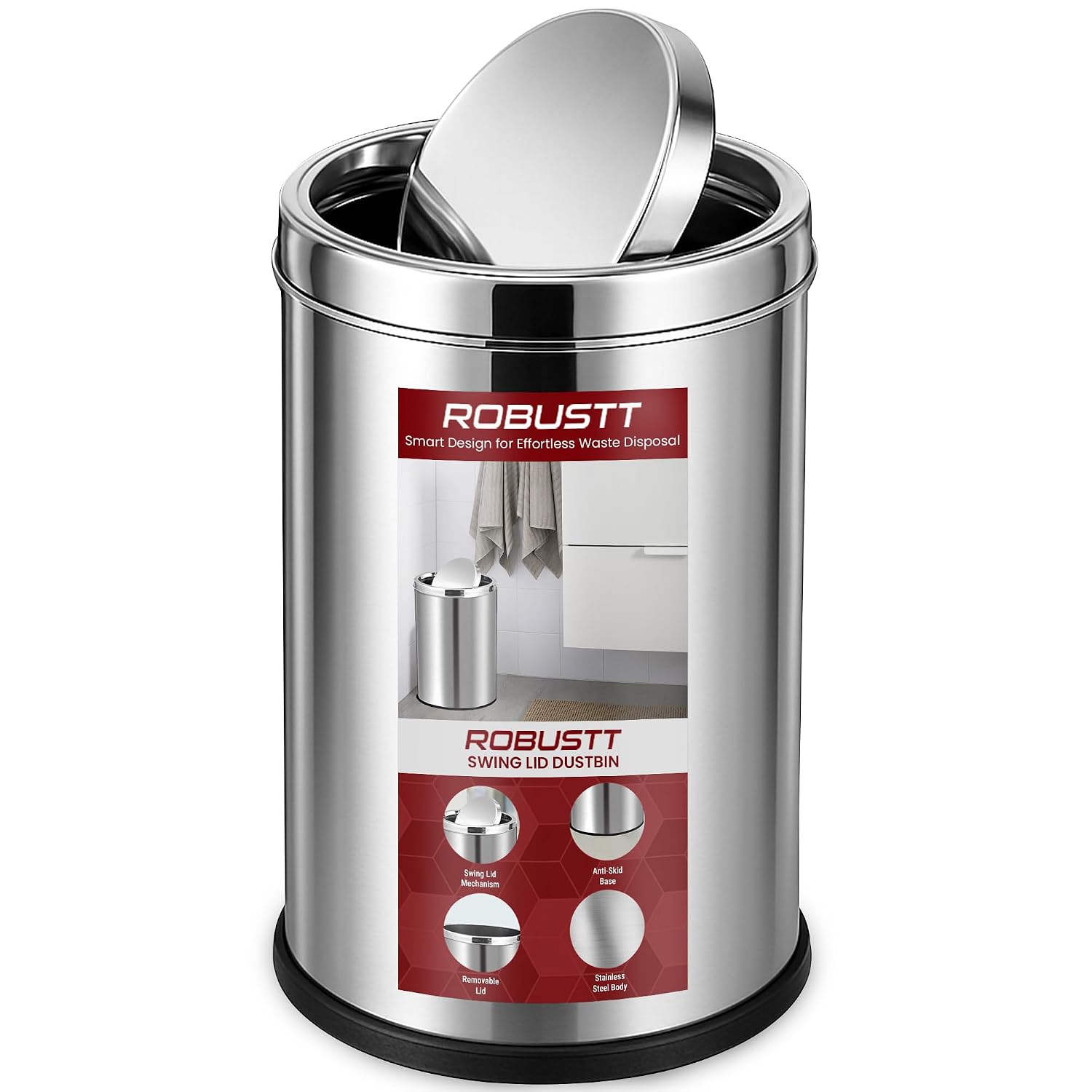 Robustt 10 litre stainless steel swing lid dustbin