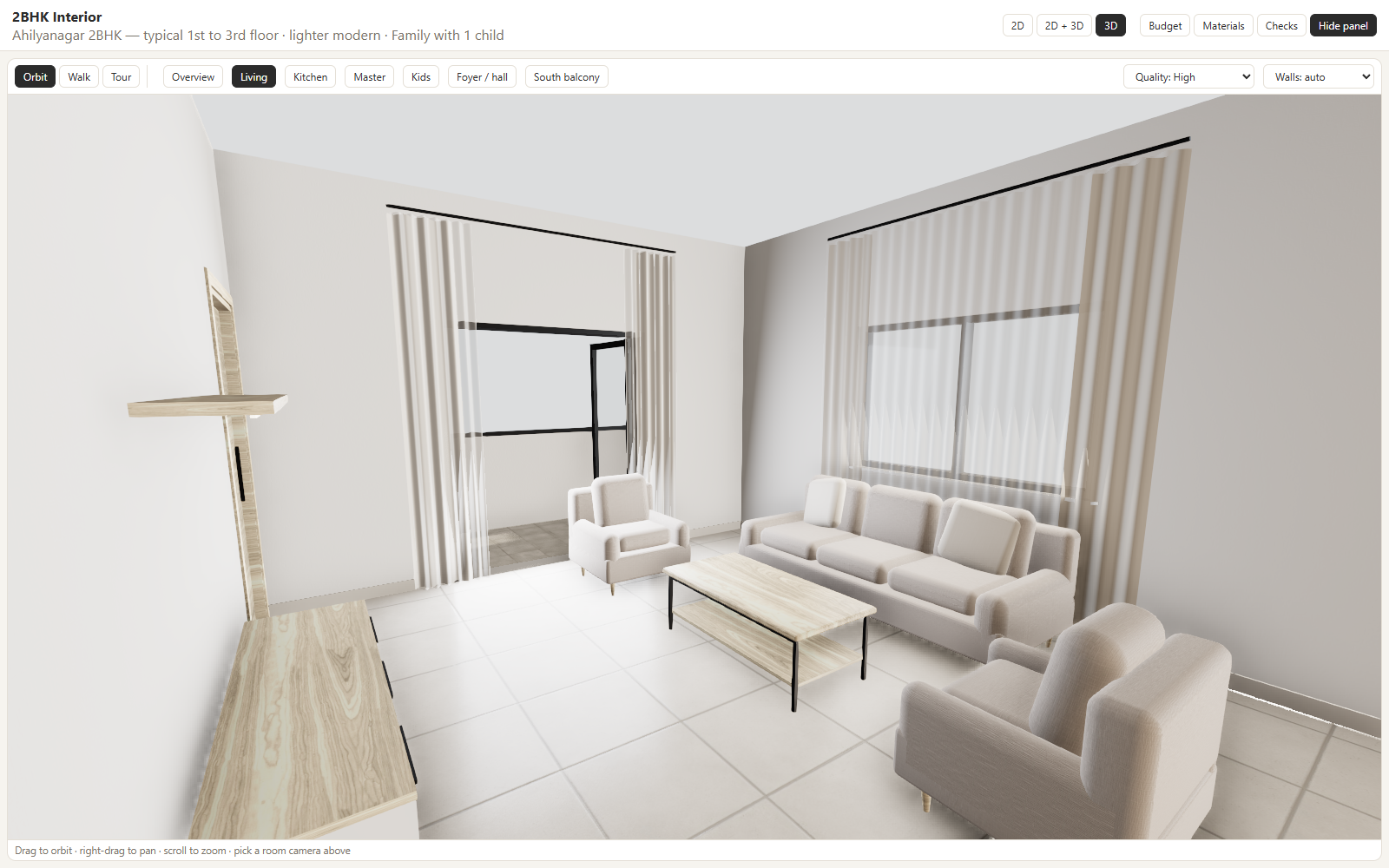 Sample 3D view of a living room in an example 2BHK